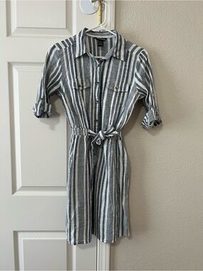 Millenium Blue White Striped Midi Shirt Dress Tie Waist Cotton Size Small